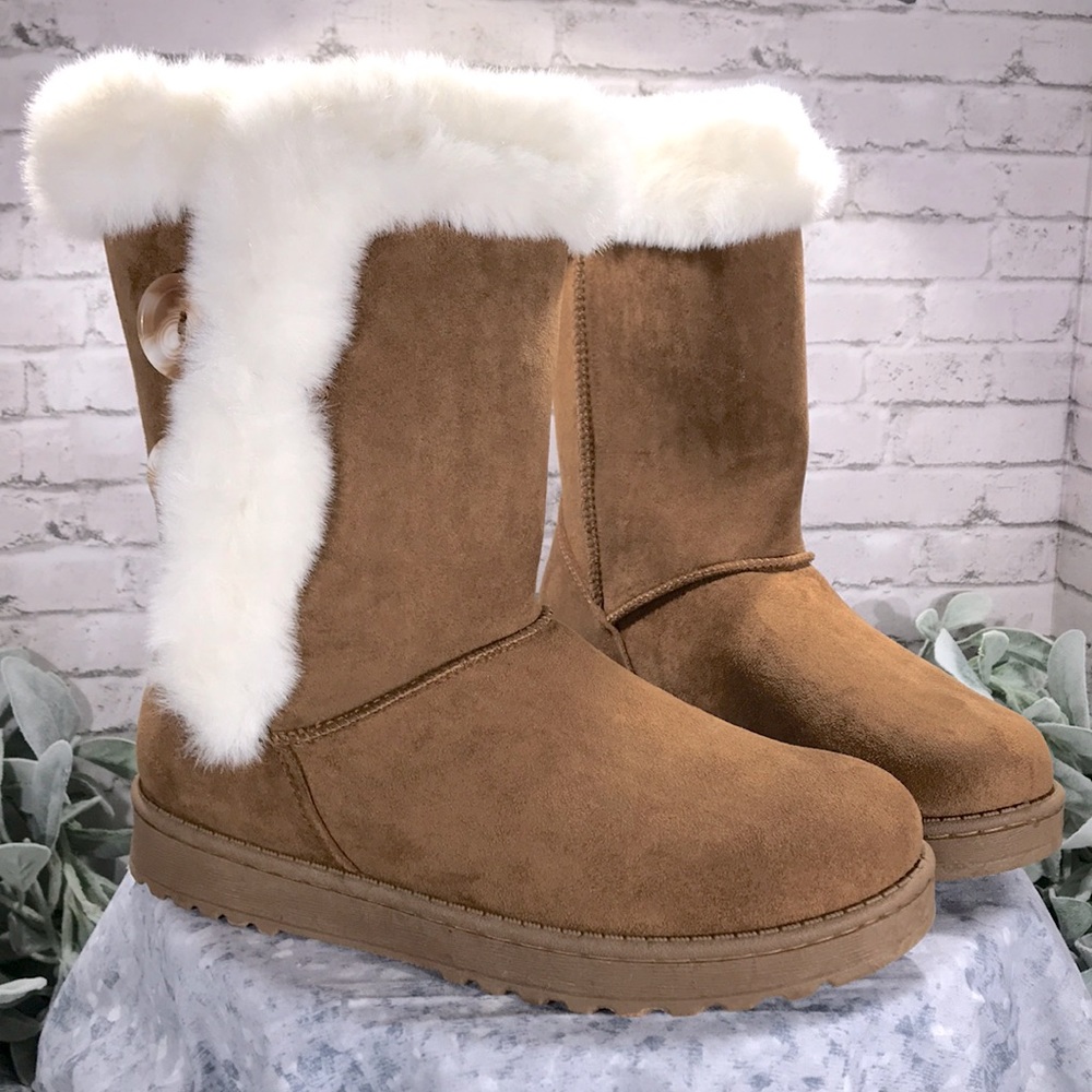 SO Abigail Chestnut Faux Suede Fur Trimmed Cozy Casual Boots WMS 7.5M🌟NWT&NIB🌟